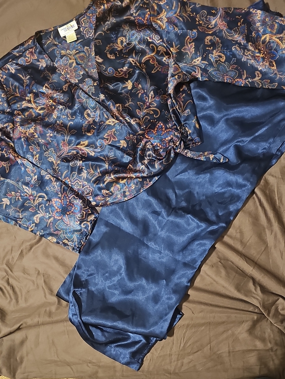 Satin Floral Wrap Robe and Pants Set - Navy